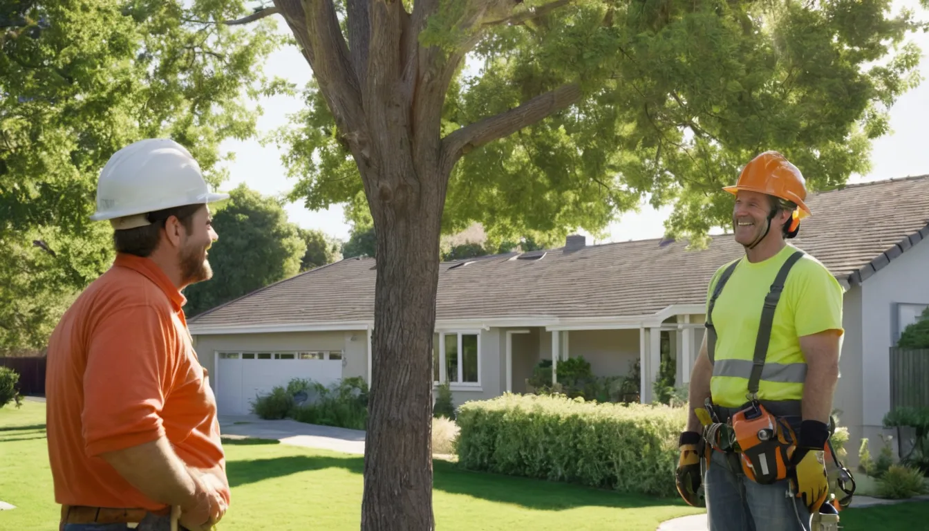 A tree removal provider checking a large backyard tree beside a house in Seven Mile